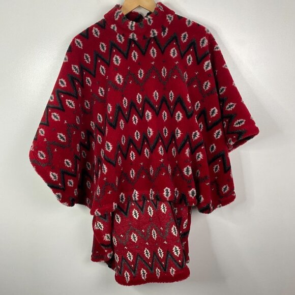 One Size Fits Most Pullover Teddy Fleece Poncho Shawl Half Zip Pockets Red Print - Picture 4 of 4